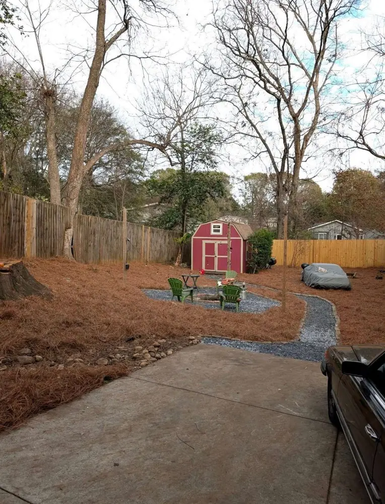 Backyard gravel path to shed, after