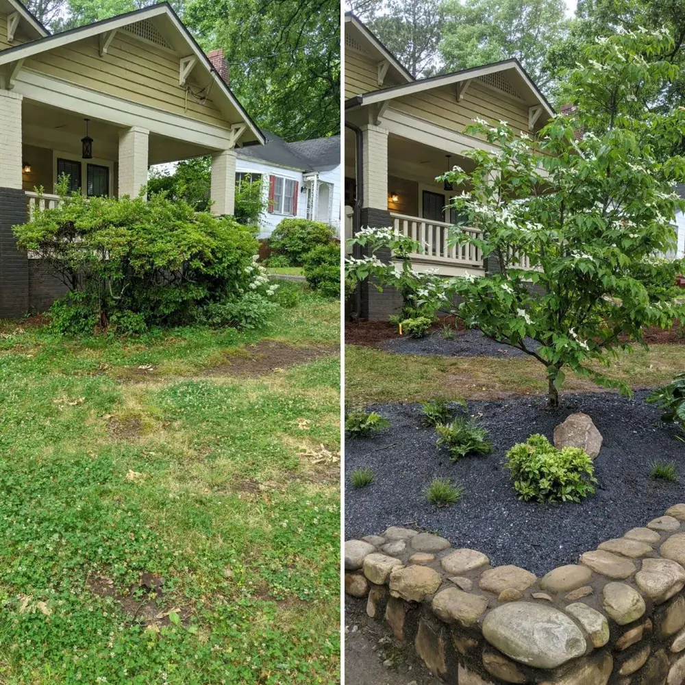New planting bed along a stone wall by Grantlanta Lawn