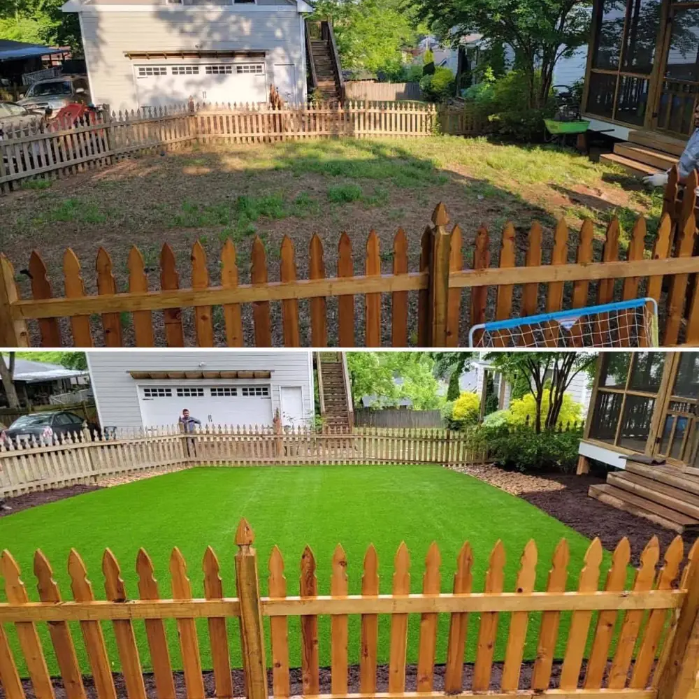Backyard with new turf and a picket fence by Grantlanta Lawn